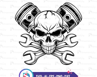 Skull engine pistons wrench art digital download, mechanic art, skull mechanic digital clipart, instant download file