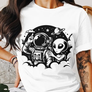 Astronaut and alien friends vector art, svg, png, eps, dxf files, space theme graphic, instant download, for crafting and printing.