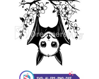 May include: Black and white illustration of a bat hanging upside down from a branch with white flowers. The bat has large eyes and a cute expression.