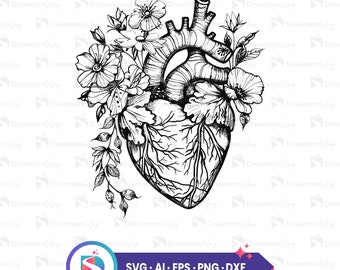 Anatomical heart with flowers, svg, floral human heart clipart, tattoo design vector, digital download for cricut and silhouette.