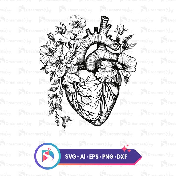 Anatomical heart with flowers, svg, floral human heart clipart, tattoo design vector, digital download for cricut and silhouette.