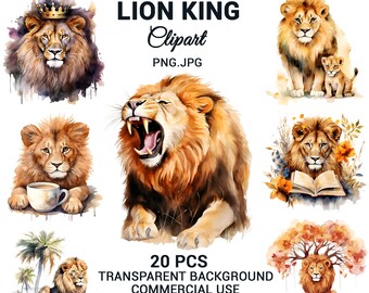 Clipart leone acquerello, bundle leone, leone PNG, creazione di cartoline, re della giungla, artigianato a sublimazione, animali safari, arte della parete, uso commerciale.