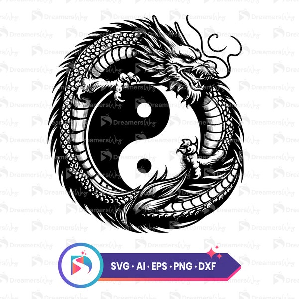 Yin yang dragon svg, digital download, fantasy clipart, cricut cut file, ai, eps, dxf, png files, tattoo design, asian mythology decor art.