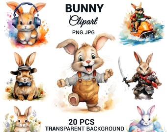 Acuarela lindo conejito clipart, paquete de conejito de Pascua, imágenes prediseñadas de guardería, conejito PNG, fabricación de tarjetas, guardería, artesanía de sublimación, uso comercial.