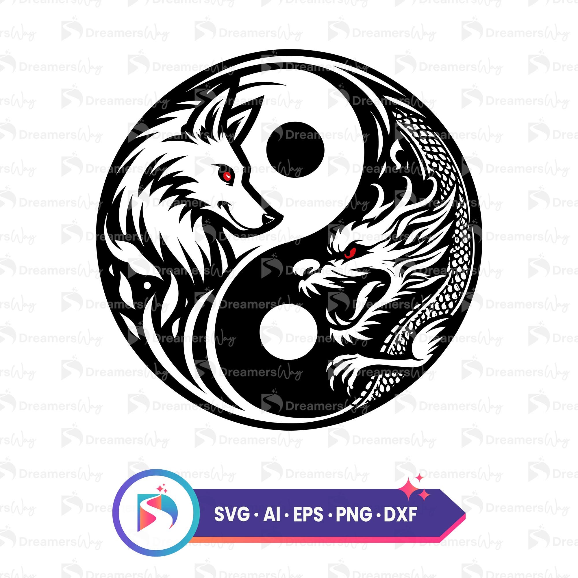 ☆nff☆ yin yangblack nff1 Yin Yang Wolf and Dragon Digital Art, Digital Download, Svg