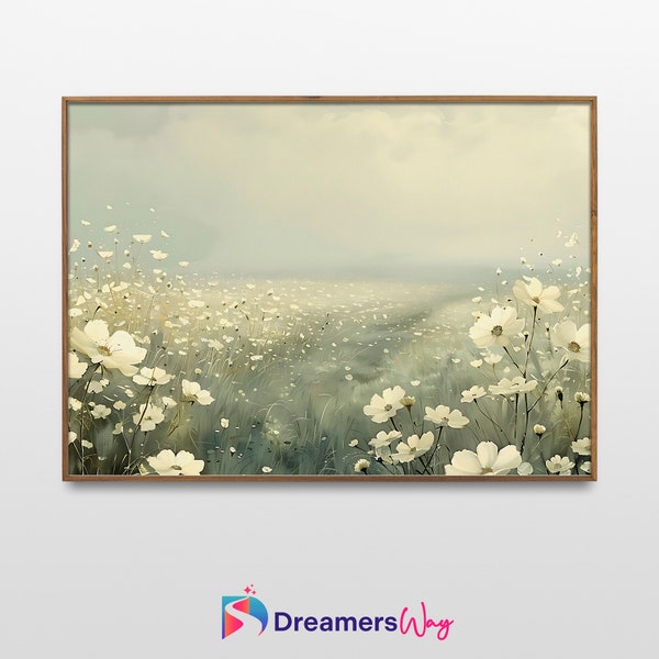 Tranquil meadow floral wall art, serene nature landscape print, peaceful daisies field home decor, soft tone flowers poster.