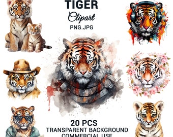 Akvarell tiger clipart, tigerbunt, tiger PNG, korttillverkning, sublimeringshantverk, SVG-bunt, safaridjur, väggkonst, kommersiellt bruk.