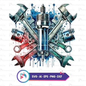May include: A watercolour illustration of a wrench, a piston, and other automotive parts, with a blue and red colour scheme.