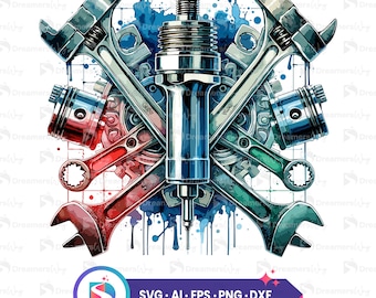 Watercolor repair tools svg, mechanic tools clipart, digital download art, car repair graphics, diy project, t-shirt design, vehicle vector.