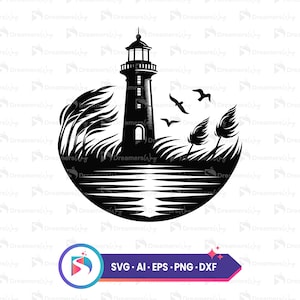 Puede incluir: Silueta en blanco y negro de un faro con una luz en la parte superior, rodeado de hierba alta y agua. Hay pájaros volando en el cielo.