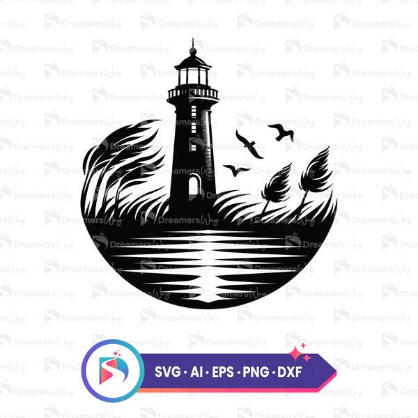 Lighthouse vector art, svg, ai, eps, png, dxf files, digital download, black and white lighthouse design, nautical svg, instant download.