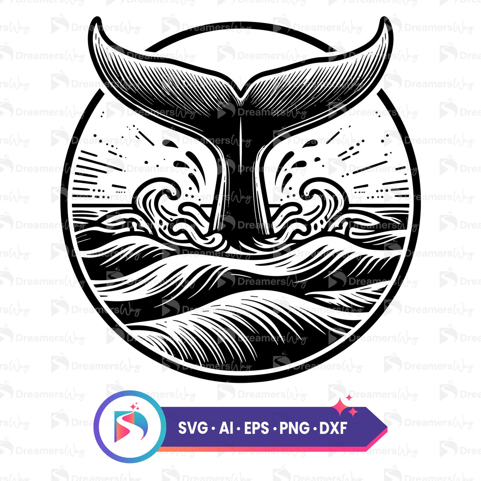 Whale Tail With Ocean Waves Vector Art Svg, Japanese Style Wave Circle ...