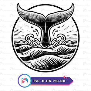 Puede incluir: Ilustración en blanco y negro de una cola de ballena que rompe la superficie del agua, rodeada de olas. La imagen está en un círculo con un sol brillando en el fondo.