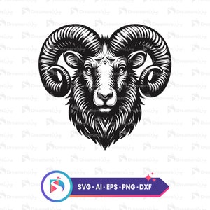 May include: A black and white illustration of a ram's head, featuring large, curved horns and detailed fur. The image is a vector graphic, with the text "SVG • AI • EPS • PNG • DXF" at the bottom, indicating file formats.