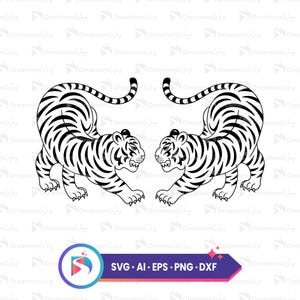Face to face tiger, instant download svg, ai, eps, dxf, png, diy craft design, black and white animal illustration.