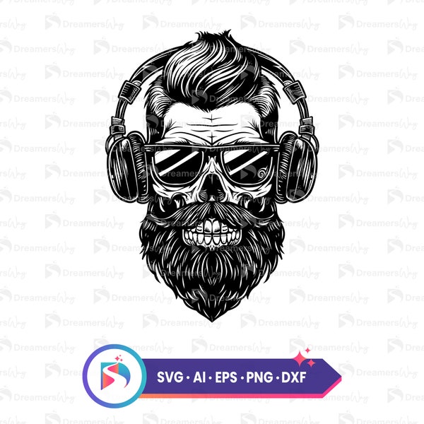 Bearded skull with headphones svg, music lover digital art, hipster skull printable, dj clipart vector, skull t-shirt design files.