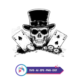 Calavera esqueleto con sombrero de copa jugando al póquer, archivos svg y png, calavera svg para camisetas, descarga instantánea.