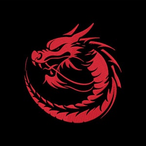 May include: Red embroidered dragon design on a black background. The dragon is curled up with its head facing the left side of the image.