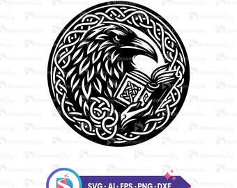 Keltische raaf leesboek, raaf zwarte vectorillustratie, kraai svg-bestanden voor de cricut, raaf svg-bestand knippen, commercieel gebruik, instant download.