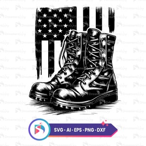 May include: Black and white illustration of combat boots in front of a distressed American flag. The boots are detailed with laces and a rugged sole. The image includes the text "SVG • AI • EPS • PNG • DXF".