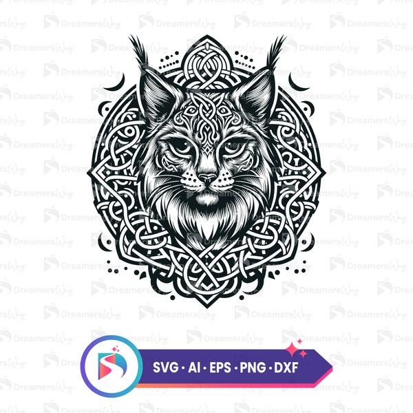 Celtic lynx mandala svg, digital download, tattoo design art, printable boho decor, crafting files, pet lovers gift, instant download.