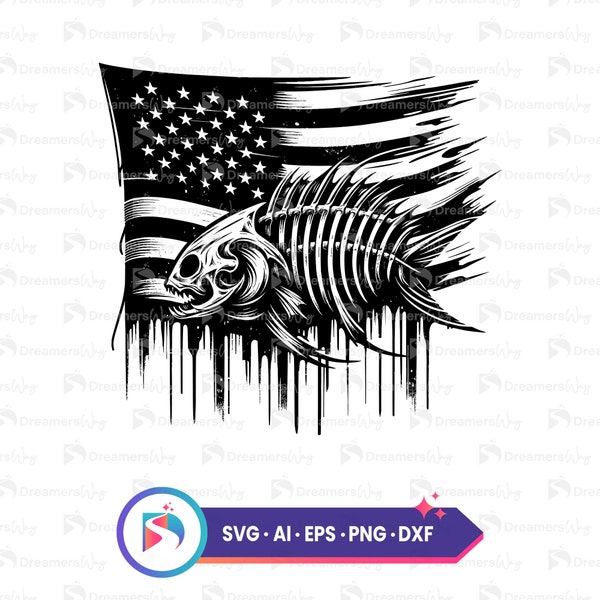 American flag fish skeleton svg, patriotic fishing clipart, usa flag vector art, ai, eps, png, dxf files, instant download.