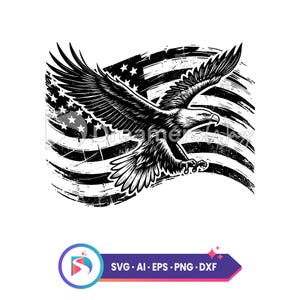 鷲の描かれたアメリカ国旗のベクター アート、鷲の SVG、愛国的なデジタル アート、米国国旗、即時ダウンロード。