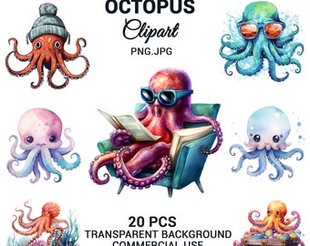 Watercolor octopus bundle, Sea animal clipart, Octopus svg, Octopus png, sublimations, Octopus Illustration, Craft prints, Commercial use.