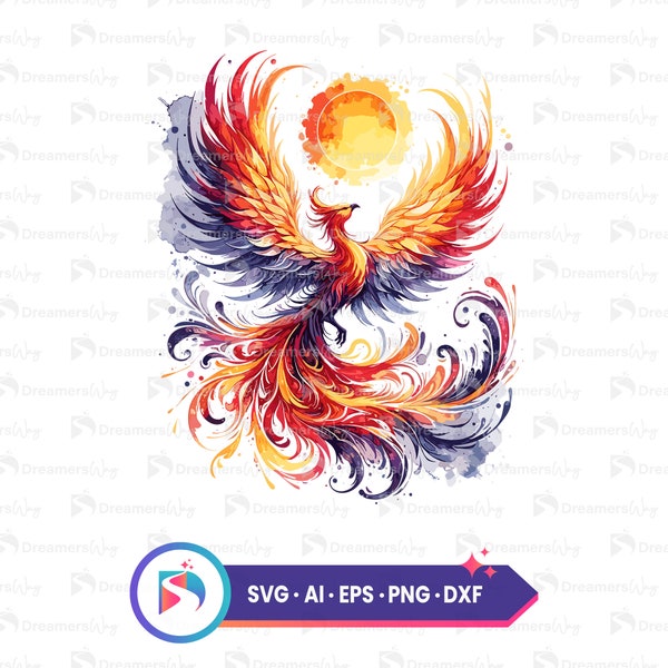 Watercolor phoenix vector illustration, watercolor fire bird art, svg, ai, eps, png, dxf files, instant download.