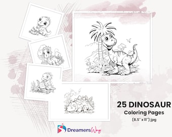 25 utskrivbara målarbilder med dinosaurier, bäst för barn, direktnedladdning, pdf-fil med jpg, kommersiellt bruk.