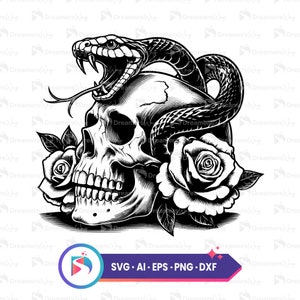 ゴシック スカルとヘビのベクター アート、ヘビ付きスカル SVG、タトゥー デザイン デジタル SVG、PNG、AI、EPS、DXF ファイル、即時ダウンロード。
