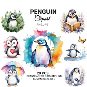 May include: A set of 20 watercolor penguin illustrations with transparent backgrounds. The penguins are depicted in various poses, including reading a book, holding a heart, and standing under an umbrella. The illustrations are perfect for commercial use.