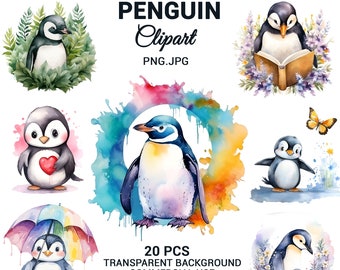Watercolor cute penguin bundle, Antarctic bird, Wild animal clipart, Penguin  png, Sublimations, Digital Illustration, Commercial use.