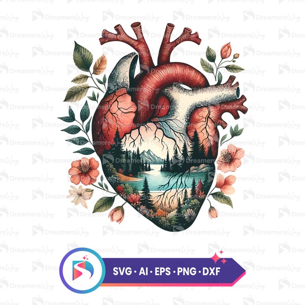 Heart with nature scene svg, digital anatomical heart clipart, floral and mountain landscape svg file, crafters and designers file pack