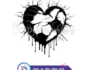 Broken heart svg, dripping love vector graphic, digital download, tattoo style clipart, ai, eps, png, dxf files.