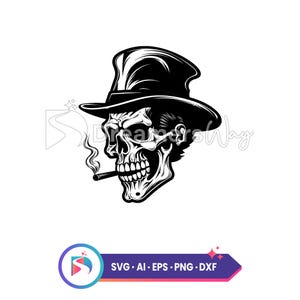 Skull with top hat and cigar vector svg, gothic clipart, digital download, halloween silhouette, rocker decal design, t-shirt graphic.