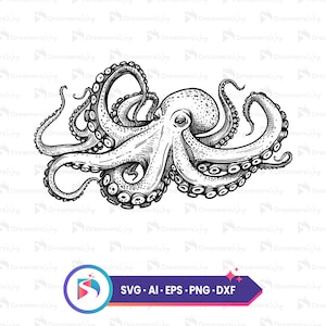 Octopus vector illustration, svg, ai, eps, png, dxf files, digital download, ocean themed art, detailed octopus design, instant download.