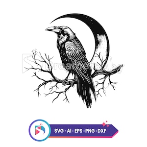Puede incluir: Ilustración en blanco y negro de un cuervo posado en una rama con una luna creciente en el fondo.