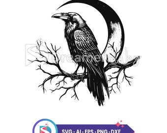 Raven sitting on branch svg, ai, eps, dxf, png, vector graphic, bird clipart, craft projects, digital download, commercial use.