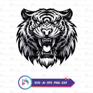 Roaring tiger digital vector file, instant download svg, ai, eps, dxf, png, diy craft design, black and white animal illustration.