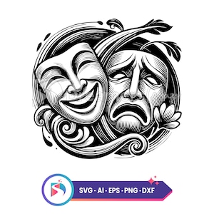 May include: Black and white illustration of two theatrical masks, one smiling and one frowning, set against a swirling background.