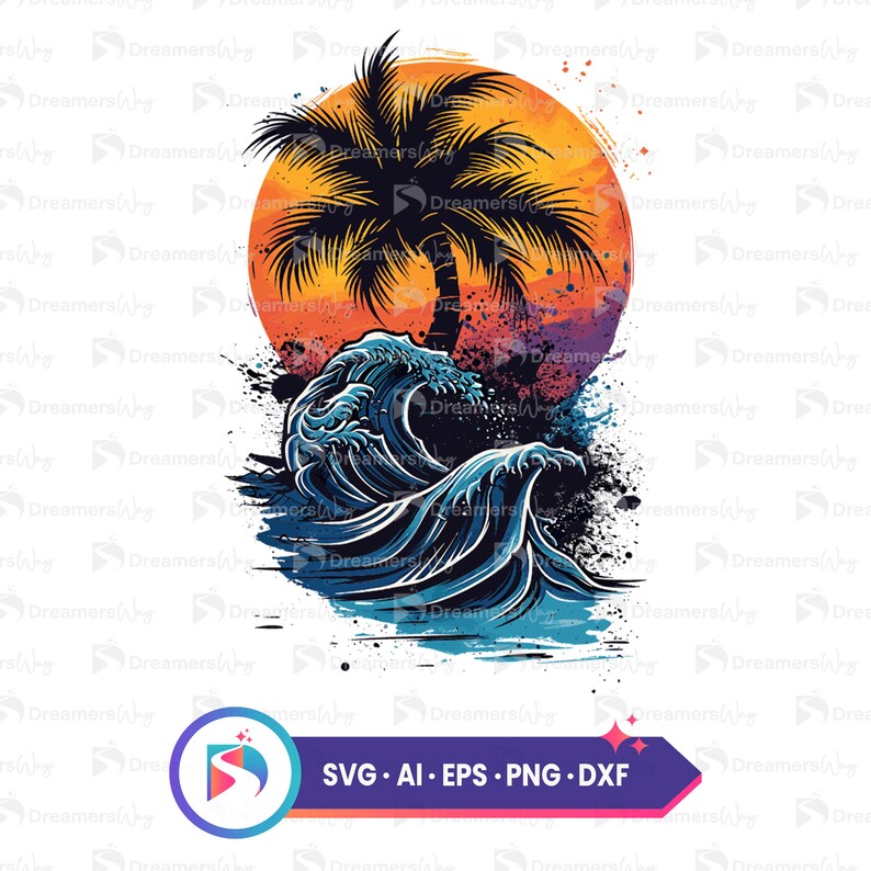 Tropical Beach With Palm Trees and Waves Vector Illustration, T-shirt ...