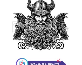 バイキングのオーディンとワタリガラスのベクターイラスト、ケルトのワタリガラスとオーディン、即時ダウンロード SVG、PNG、AI、DXF、EPS ファイル、商用利用。