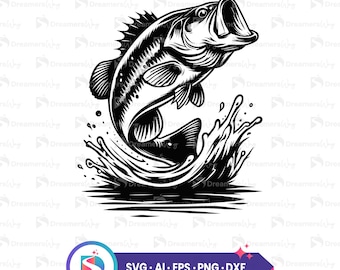 Bass fish leaping out of water, jumping fish svg, dxf, png, ai, eps files for cricut and silhouette, fishing clipart, instant download.