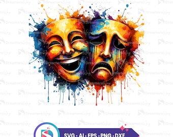 Colorful theater masks svg, artistic theater faces, digital download, comedy tragedy mask design, craft cutting file eps, png, dxf, ai.