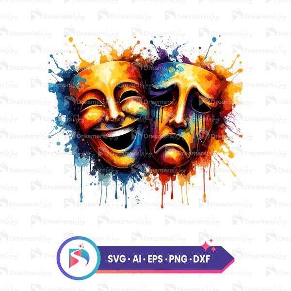 Colorful theater masks svg, artistic theater faces, digital download, comedy tragedy mask design, craft cutting file eps, png, dxf, ai.