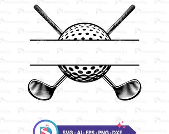 ゴルフクラブとボールの交差 SVG、交差したゴルフクラブの分割された名前のフレーム SVG、ゴルファー SVG。ベクター カット ファイル Cricut、即時ダウンロード。