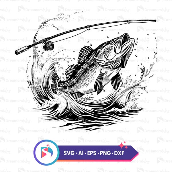 Bass fish jumping svg, fishing clipart, digital svg cut file, bass fish vector, t-shirt design, craft vinyl cutter, fisher decal.