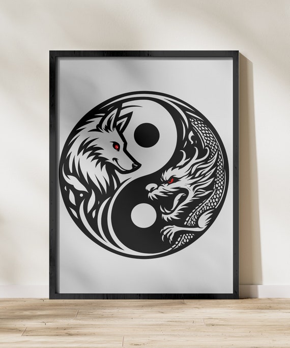 ☆nff☆ yin yangblack nff1 Yin Yang Wolf and Dragon Digital Art, Digital Download, Svg