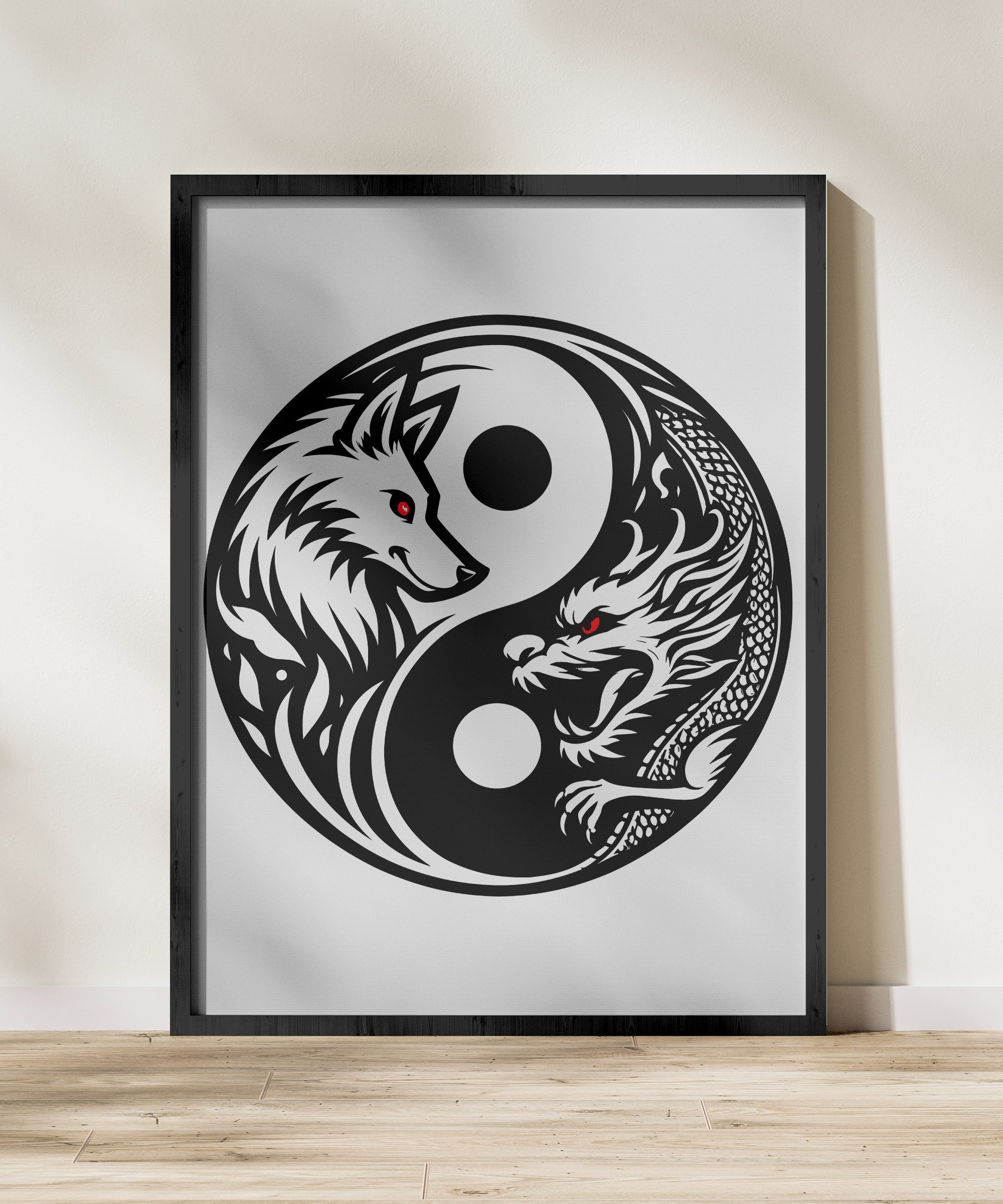 Yin Yang Wolf and Dragon Digital Art, Digital Download, Svg
